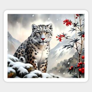 A Proud Snow Leopard Went Hunting, in the Snowy forest, Hight Mountains, Snow Falling, Winter Landscape, Wildlife White Panthera, Watercolor Realistic Illustration, Art, Portrait, Poster, Shirt, Christmas Holiday, Birthday gifts, Hunting lover Sticker